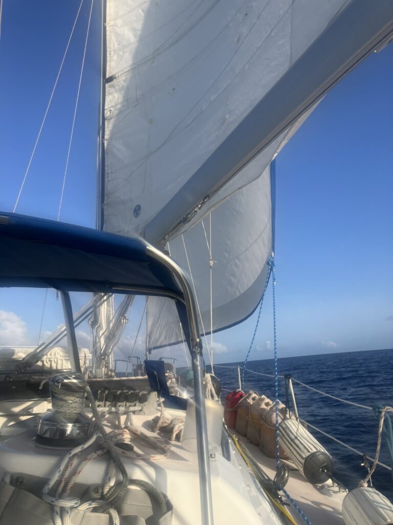 Catmandu under full sail. Berry Islands, Bahamas.